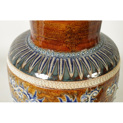 60 - AN IMPRESSIVE 19TH CENTURY DOULTON LAMBETH TAPERING SHOULDERED STONEWARE VASE BY GEORGE TINWORTH wit... 