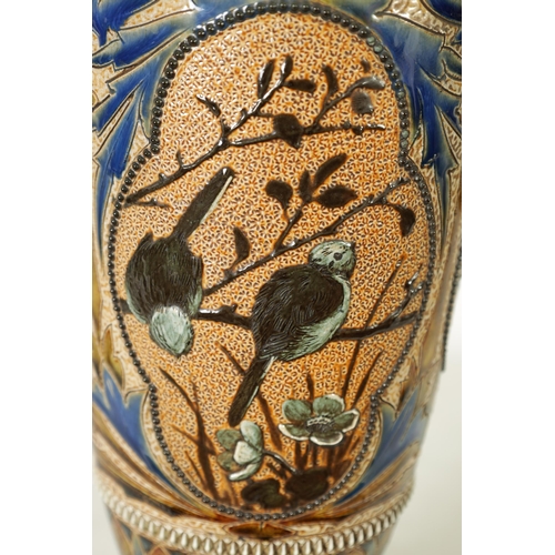 62 - A 19TH-CENTURY DOULTON STONEWARE AND GILT BRASS MOUNTED OIL LAMP DECORATED BY FLORENCE BARLOW the le... 