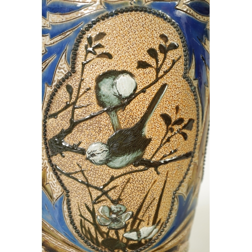 62 - A 19TH-CENTURY DOULTON STONEWARE AND GILT BRASS MOUNTED OIL LAMP DECORATED BY FLORENCE BARLOW the le... 