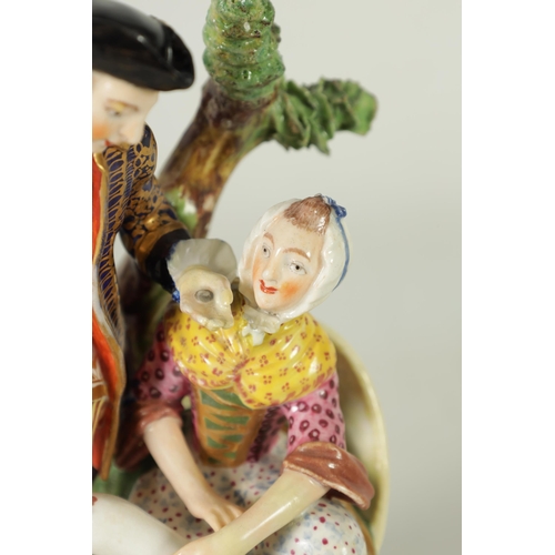 66 - AN EARLY 19TH CENTURY DERBY FIGURE GROUP of the Court Hosemender with seated hose mender and a stand... 