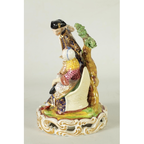66 - AN EARLY 19TH CENTURY DERBY FIGURE GROUP of the Court Hosemender with seated hose mender and a stand... 