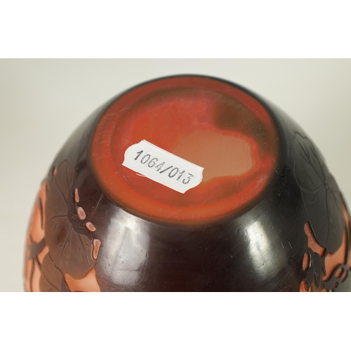 8 - EMILE GALLE (1846-1904). AN ART NOVEAU THREE COLOUR FIRE POLISHED CAMEO GLASS VASE decorated with fl... 