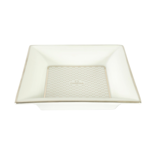84 - A 1960’S BOXED OMEGA LIMOGES PORCELAIN OMEGA TRINKET DISH of square form with silver motif decoratio... 