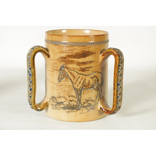 89 - A DOULTON LAMBETH SALT GLAZED STONEWARE TYG ON LARGE SIZE BY HANNAH BARLOW the body incised and deco... 