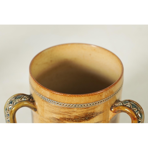 89 - A DOULTON LAMBETH SALT GLAZED STONEWARE TYG ON LARGE SIZE BY HANNAH BARLOW the body incised and deco... 