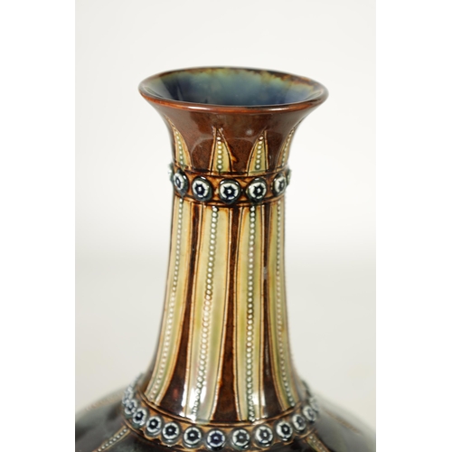 92 - A GOOD PAIR OF DOULTON LAMBETH FOOTED BULBOUS FLARED NECK VASES BEARING MONOGRAM FOR GEORGE TINWORTH... 