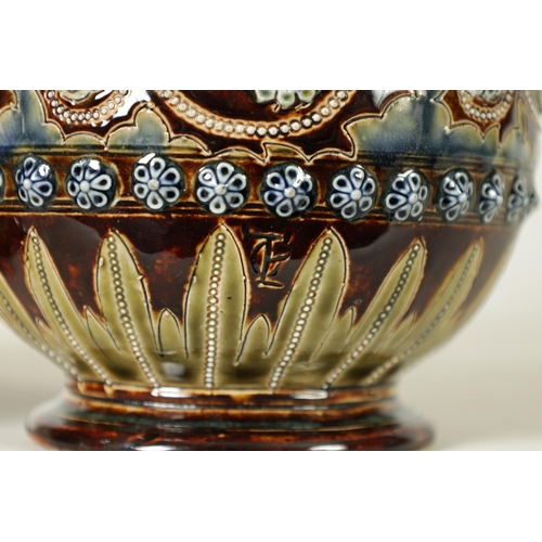 92 - A GOOD PAIR OF DOULTON LAMBETH FOOTED BULBOUS FLARED NECK VASES BEARING MONOGRAM FOR GEORGE TINWORTH... 