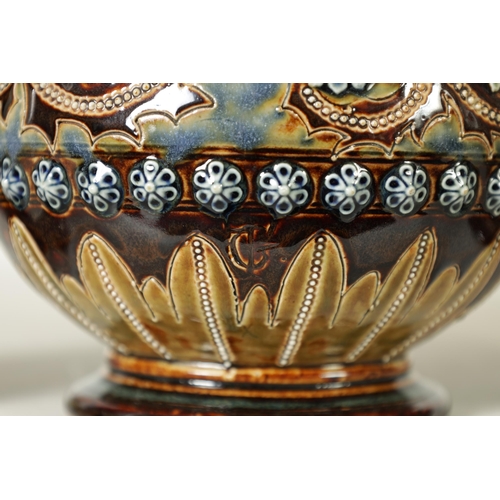 92 - A GOOD PAIR OF DOULTON LAMBETH FOOTED BULBOUS FLARED NECK VASES BEARING MONOGRAM FOR GEORGE TINWORTH... 