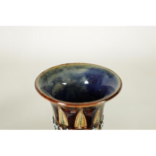 92 - A GOOD PAIR OF DOULTON LAMBETH FOOTED BULBOUS FLARED NECK VASES BEARING MONOGRAM FOR GEORGE TINWORTH... 