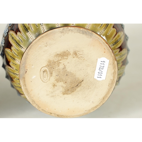 92 - A GOOD PAIR OF DOULTON LAMBETH FOOTED BULBOUS FLARED NECK VASES BEARING MONOGRAM FOR GEORGE TINWORTH... 