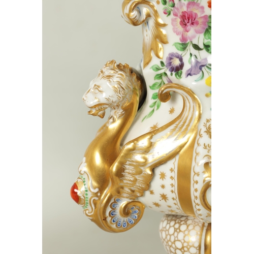 96 - A DECORATIVE PAIR OF LATE 19TH CENTURY CONTINENTAL DRESDEN STYLE URN SHAPED VASES with ornate gilt s... 