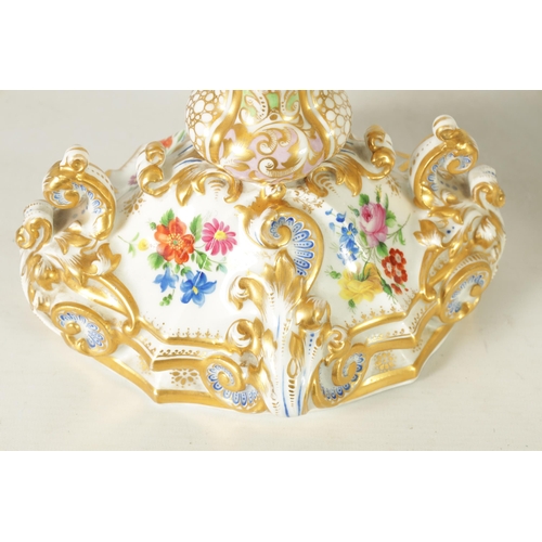 96 - A DECORATIVE PAIR OF LATE 19TH CENTURY CONTINENTAL DRESDEN STYLE URN SHAPED VASES with ornate gilt s... 