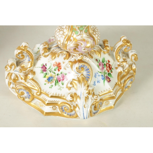 96 - A DECORATIVE PAIR OF LATE 19TH CENTURY CONTINENTAL DRESDEN STYLE URN SHAPED VASES with ornate gilt s... 