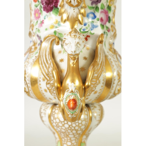 96 - A DECORATIVE PAIR OF LATE 19TH CENTURY CONTINENTAL DRESDEN STYLE URN SHAPED VASES with ornate gilt s... 