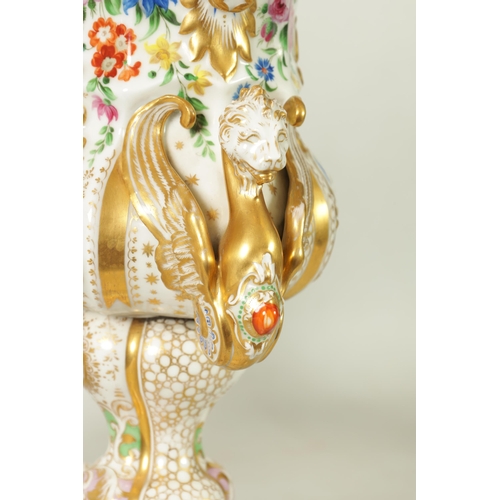96 - A DECORATIVE PAIR OF LATE 19TH CENTURY CONTINENTAL DRESDEN STYLE URN SHAPED VASES with ornate gilt s... 