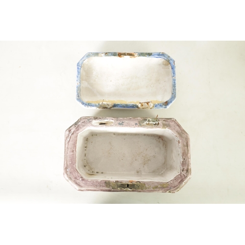 99 - A 17TH/18TH CENTURY POLYCHROME CONTINENTAL MAJOLICA CASKET AND COVER of canted rectangular form with... 