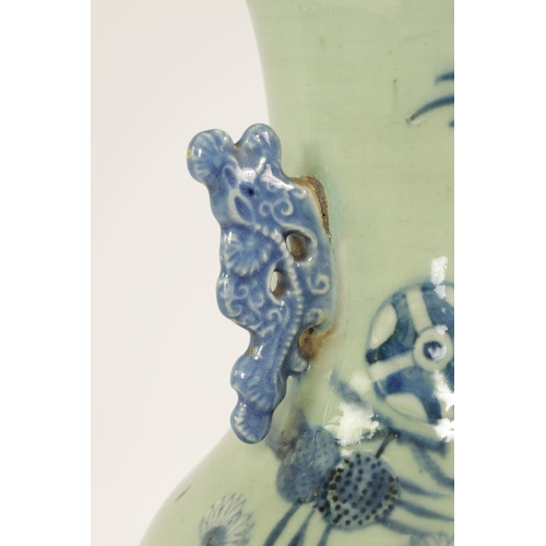 310 - A LARGE 19TH CENTURY CHINESE CELADON GLAZE PORCELAIN VASE of tapering form with flared neck, decorat... 