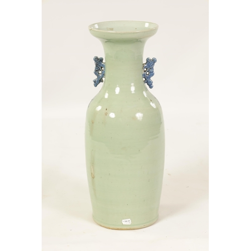 310 - A LARGE 19TH CENTURY CHINESE CELADON GLAZE PORCELAIN VASE of tapering form with flared neck, decorat... 