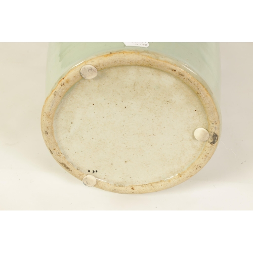 310 - A LARGE 19TH CENTURY CHINESE CELADON GLAZE PORCELAIN VASE of tapering form with flared neck, decorat... 