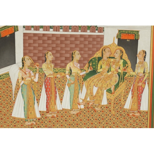 318 - AN ORIENTAL PAINTING of ladies gathered over a terrace near a garden with the king overlooking. Rich... 