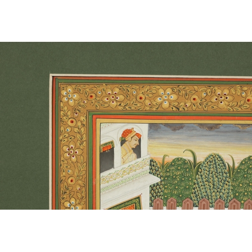 318 - AN ORIENTAL PAINTING of ladies gathered over a terrace near a garden with the king overlooking. Rich... 