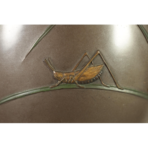 325 - A JAPANESE MEIJI PERIOD BRONZE AND MIXED METAL OVOID VASE with flowering grass and locust decoration... 