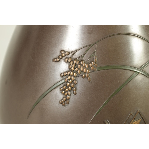 325 - A JAPANESE MEIJI PERIOD BRONZE AND MIXED METAL OVOID VASE with flowering grass and locust decoration... 