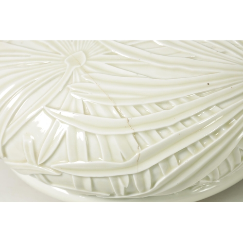 326 - A LARGE JAPANESE MEIJI PERIOD PALE CELADON GLAZE POTTERY VASE AND COVER with overall relief moulded ... 