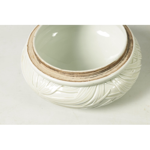 326 - A LARGE JAPANESE MEIJI PERIOD PALE CELADON GLAZE POTTERY VASE AND COVER with overall relief moulded ... 