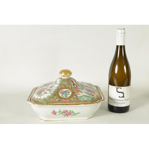 331 - A 19TH CENTURY CHINESE CANTON FAMILLE ROSE TUREEN AND COVER decorated figural and floral panels amon... 