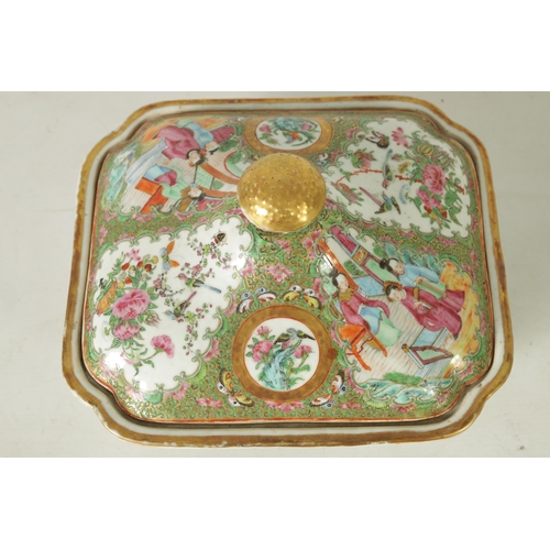 331 - A 19TH CENTURY CHINESE CANTON FAMILLE ROSE TUREEN AND COVER decorated figural and floral panels amon... 