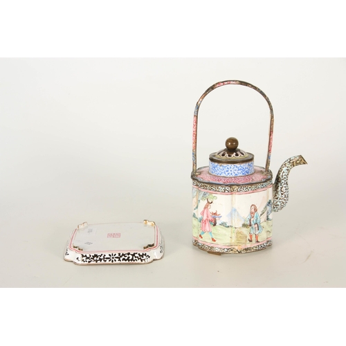 334 - AN 18TH CENTURY CHINESE EUROPEAN EXPORT ENAMEL TEA KETTLE ON STAND with brightly coloured decoration... 