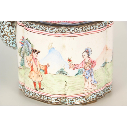 334 - AN 18TH CENTURY CHINESE EUROPEAN EXPORT ENAMEL TEA KETTLE ON STAND with brightly coloured decoration... 