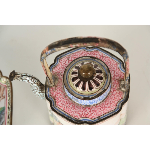 334 - AN 18TH CENTURY CHINESE EUROPEAN EXPORT ENAMEL TEA KETTLE ON STAND with brightly coloured decoration... 