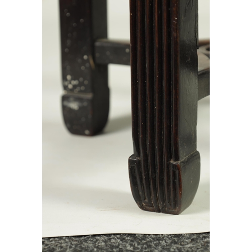 335 - A 19TH CENTURY CHINESE HARDWOOD CIRCULAR JARDINERE TABLE with inset marble top and geometric pierced... 