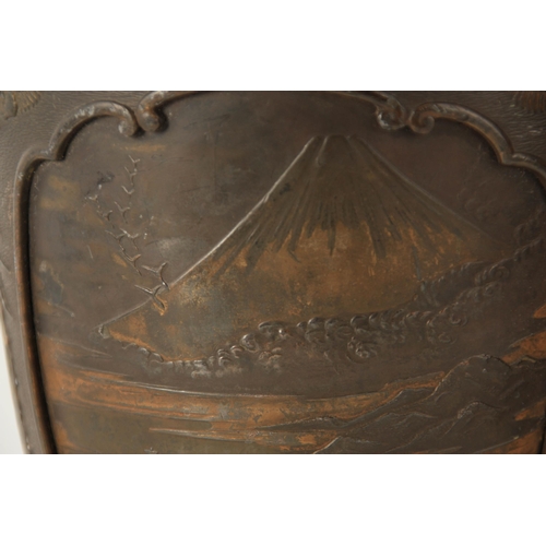 339 - A PAIR OF JAPANESE BRONZE WHITE METAL PANELLED VASES with figural and landscape scenes surrounded by... 