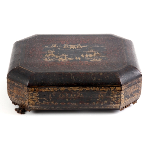 341 - A MEIJI PERIOD JAPANESE LACQUERED FITTED GAMES BOX OF OCTAGONAL SHAPE with lift off lid revealing co... 