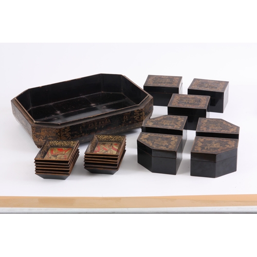 341 - A MEIJI PERIOD JAPANESE LACQUERED FITTED GAMES BOX OF OCTAGONAL SHAPE with lift off lid revealing co... 