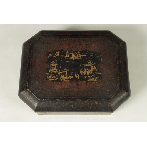 341 - A MEIJI PERIOD JAPANESE LACQUERED FITTED GAMES BOX OF OCTAGONAL SHAPE with lift off lid revealing co... 