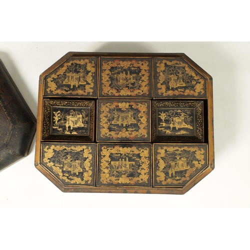 341 - A MEIJI PERIOD JAPANESE LACQUERED FITTED GAMES BOX OF OCTAGONAL SHAPE with lift off lid revealing co... 