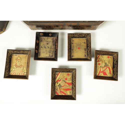 341 - A MEIJI PERIOD JAPANESE LACQUERED FITTED GAMES BOX OF OCTAGONAL SHAPE with lift off lid revealing co... 