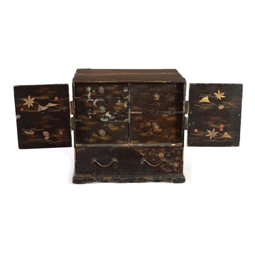 344 - A 19TH CENTURY JAPANESE MEIJI PERIOD LACQUERED COLLECTORS CABINET with side handles and panelled hin... 
