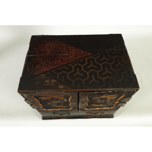 344 - A 19TH CENTURY JAPANESE MEIJI PERIOD LACQUERED COLLECTORS CABINET with side handles and panelled hin... 
