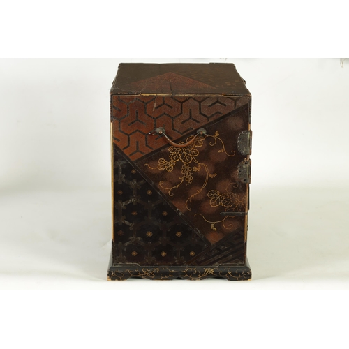 344 - A 19TH CENTURY JAPANESE MEIJI PERIOD LACQUERED COLLECTORS CABINET with side handles and panelled hin... 
