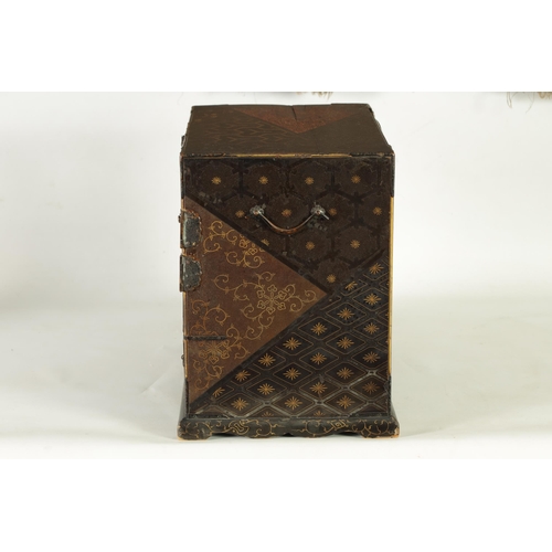 344 - A 19TH CENTURY JAPANESE MEIJI PERIOD LACQUERED COLLECTORS CABINET with side handles and panelled hin... 