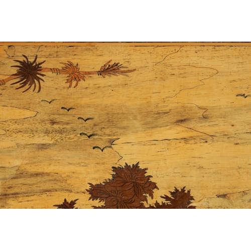 351 - AN EARLY 20TH CENTURY INDIAN MARQUETRY INLAID HARDWOOD PANEL the centre finely inlaid with a coloure... 