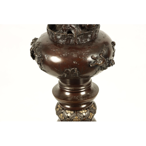 355 - AN IMPRESSIVE MEIJI PERIOD JAPANESE PATINATED BRONZE AND MIXED METAL STANDARD LAMP the circular fitt... 