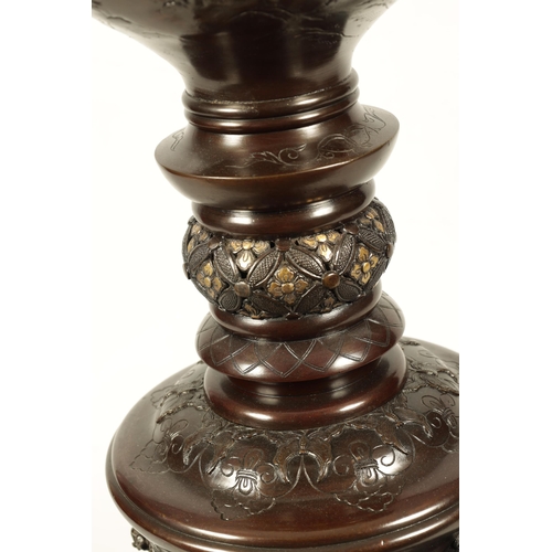 355 - AN IMPRESSIVE MEIJI PERIOD JAPANESE PATINATED BRONZE AND MIXED METAL STANDARD LAMP the circular fitt... 