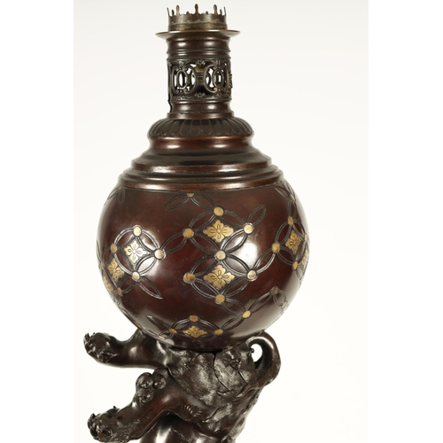 355 - AN IMPRESSIVE MEIJI PERIOD JAPANESE PATINATED BRONZE AND MIXED METAL STANDARD LAMP the circular fitt... 
