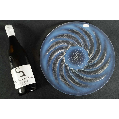 15 - A FRENCH RENE LALIQUE ‘POISSONS’ OPALESCENT GLASS COUPE PLATE of dished form with swirling sardines ... 